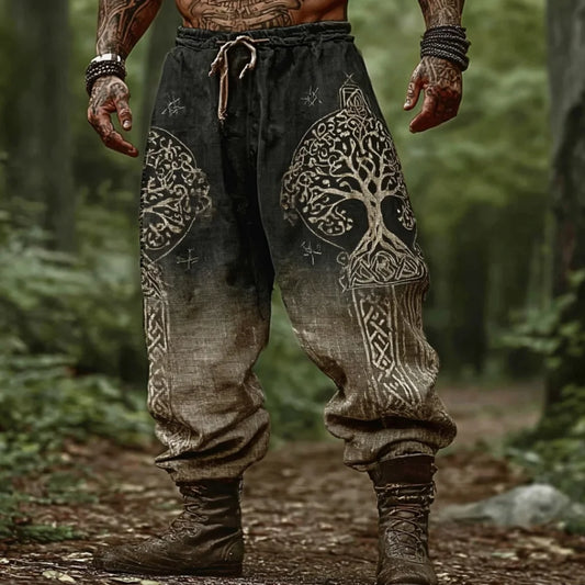 Viking Yggdrasil Rune Printed Gradient Cotton-Linen Pants