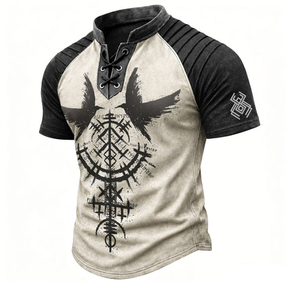 Men's Vintage Viking Norse Graphic Henley T-Shirt - Laced V-Neck Short Sleeve Top