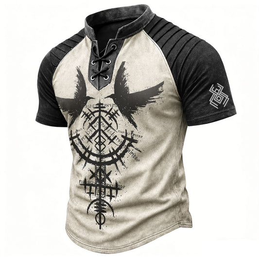 Men's Vintage Viking Norse Graphic Henley T-Shirt - Laced V-Neck Short Sleeve Top
