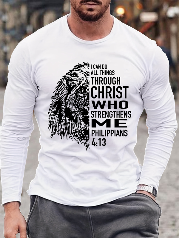 Philippians 4:13 Verse Lion I Can Do All Things Through Christ Christian Cotton Long Sleeve T-Shirt