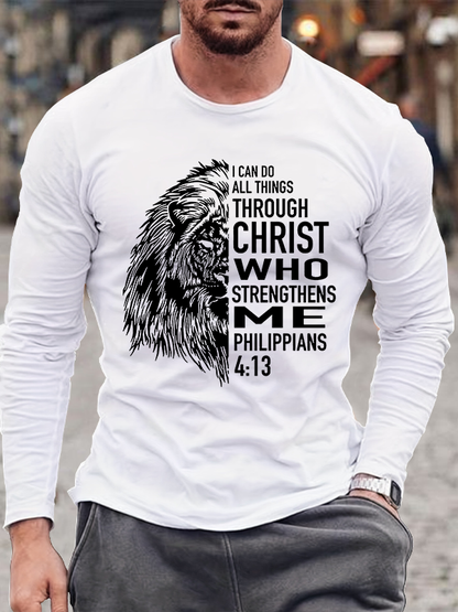Philippians 4:13 Verse Lion I Can Do All Things Through Christ Christian Cotton Long Sleeve T-Shirt