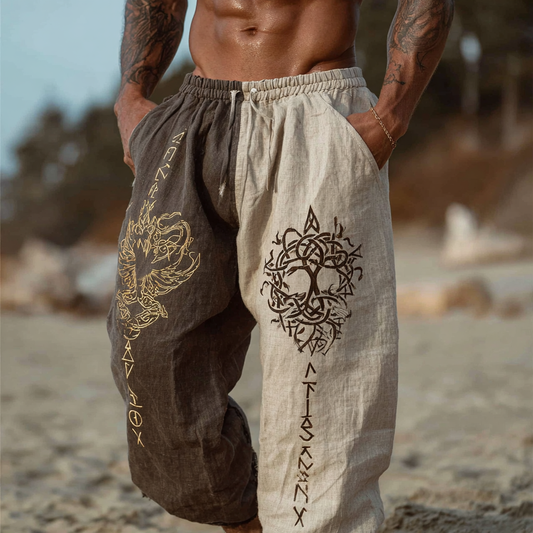 Men's Vintage Two-Tone Yggdrasil Viking Tree Of Life Inspired Bohemian Summer Casual Pants