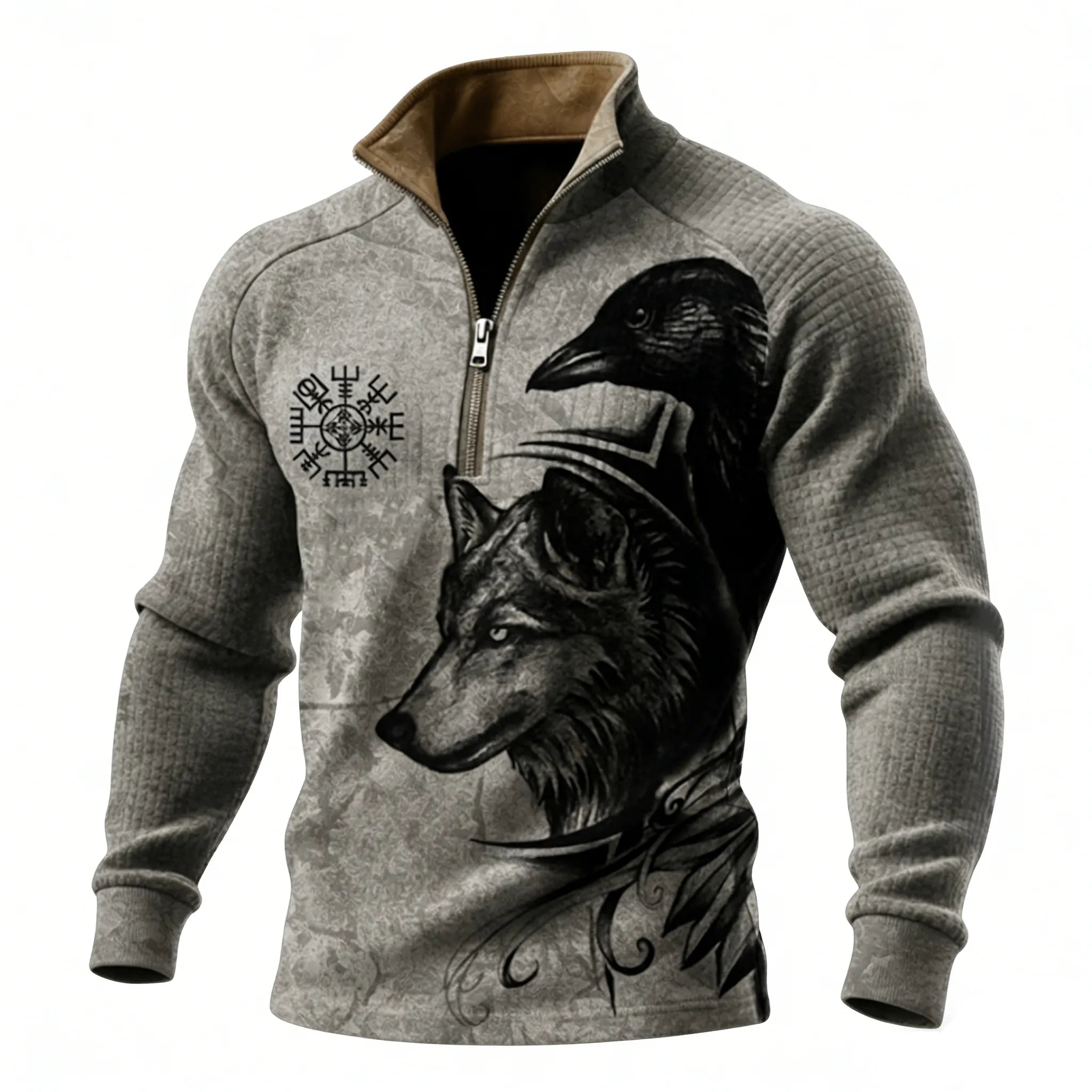 Nordic Viking Style Wolf&Raven Totem Casual Long-Sleeve Shirt