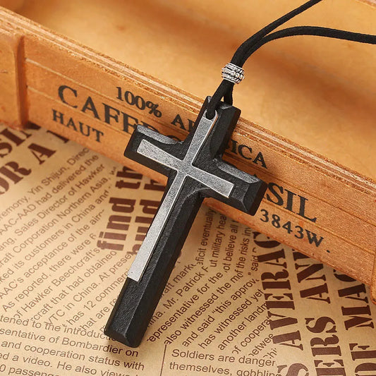 Alloy Splicing Wood Cross Pendant Necklace