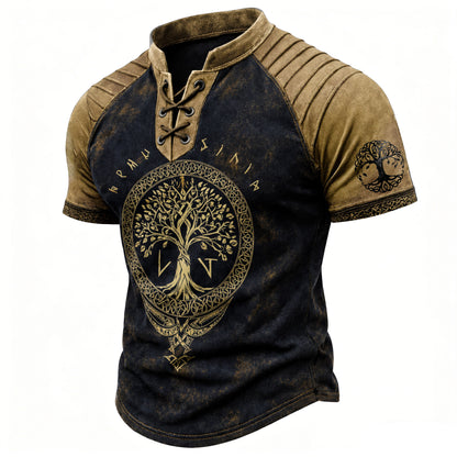 Men's Tree of Life Print Short Sleeve Henley T-Shirt - Viking Distressed Casual Top