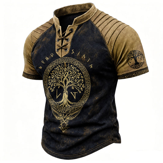 Men's Tree of Life Print Short Sleeve Henley T-Shirt - Viking Distressed Casual Top