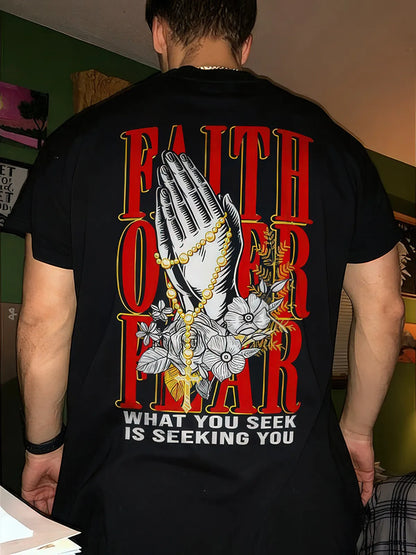 Faith Over Fear Praying Hand Rose Rosary Printed Men's T-shirt