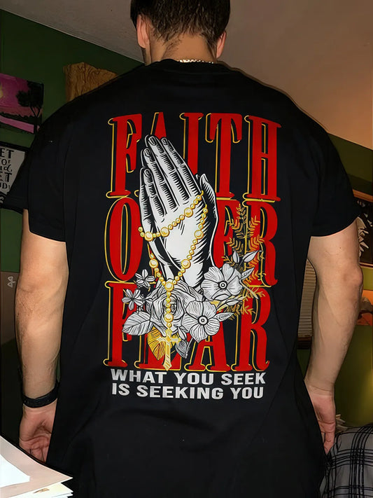 Faith Over Fear Praying Hand Rose Rosary Printed Men's T-shirt