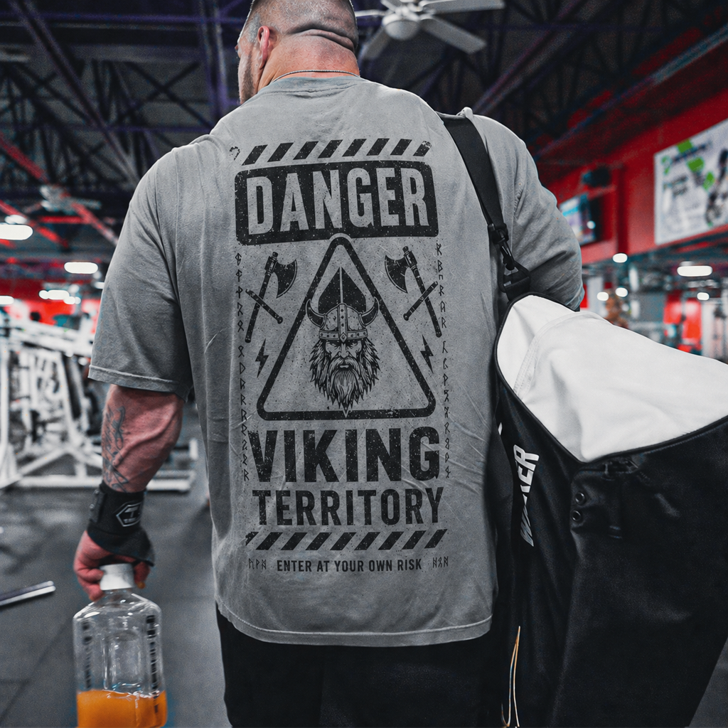 Men's Graphic Print T-Shirt - Grey Viking Territory Casual Gym Short Sleeve Tee