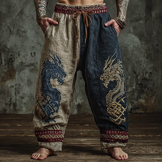 Viking-style dragon totem retro distressed print sweatpants