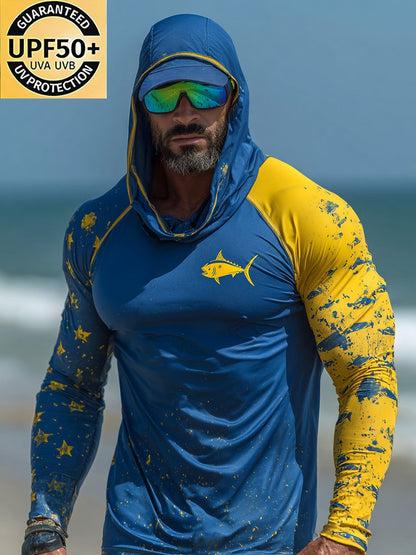 Men's Outdoor Sun Protection Breathable Cool Face Mask Hooded Printed Long-Sleeved Top
