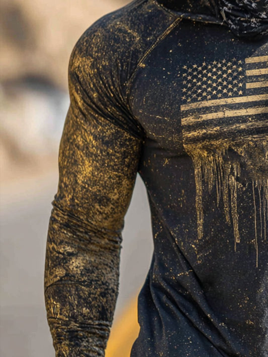 Men's Retro Flag Outdoor Sun Protection Breathable Cooling Mask Hooded Sun Protection Long Sleeve Top