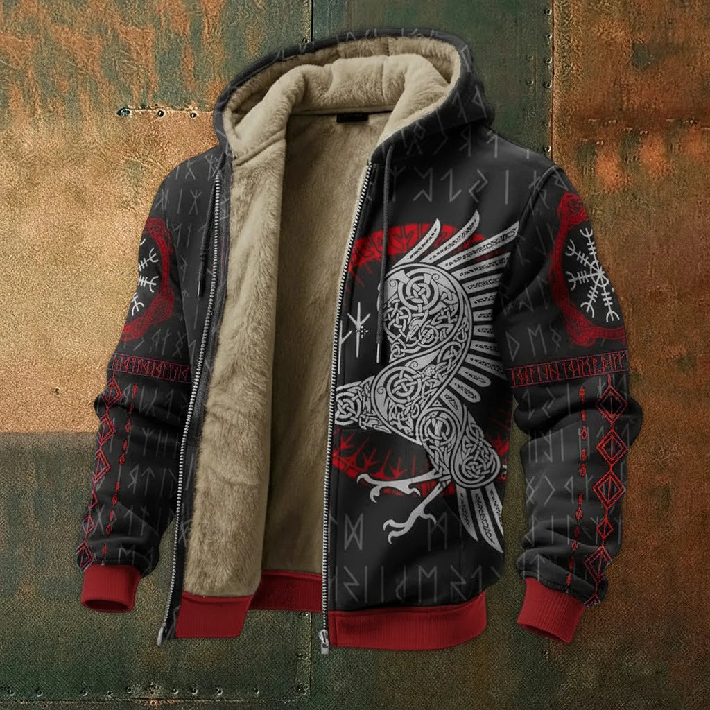 Viking Nordic Style Raven Rune Fleece Inner Lined Winter Hoodie