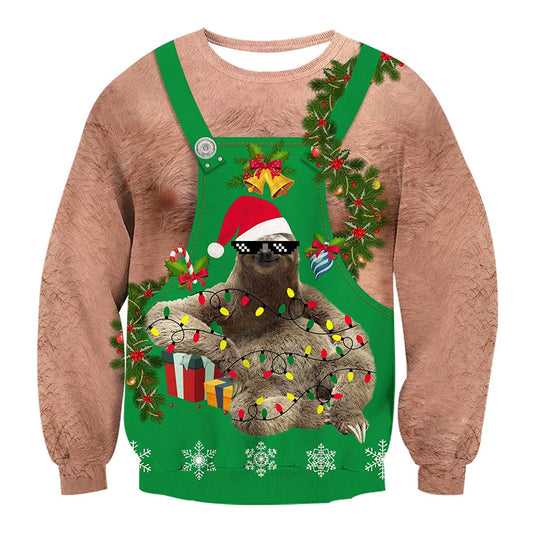 Unisex Hairy Chest Sloth Print Crew Neck Ugly Christmas Sweatshirt
