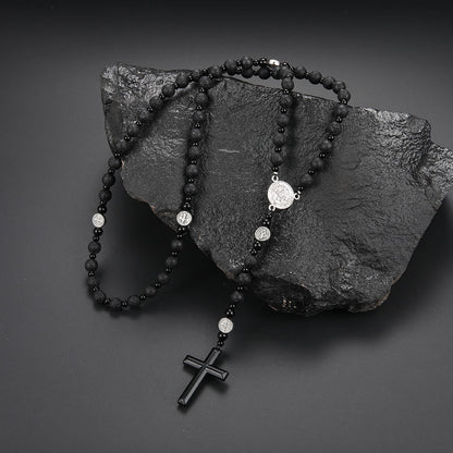 St. Benedict Medal & Cross of 8 mm Round Black Multi-material Nylon Cord Rosary