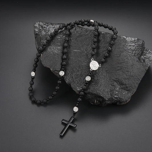 St. Benedict Medal & Cross of 8 mm Round Black Multi-material Nylon Cord Rosary