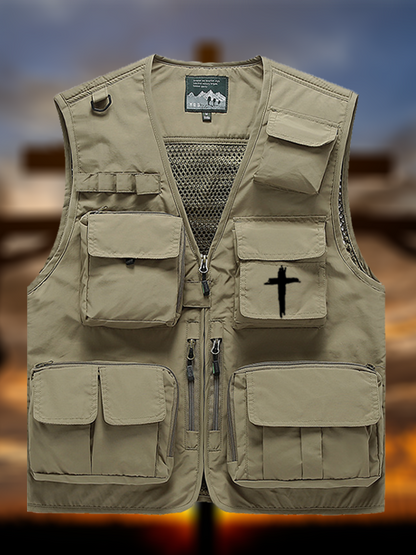 Cross Printed Jesus God Christian Detachable Outdoor Fishing & Hiking Vest