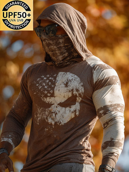 Men's Retro Outdoor Sun Protection Breathable Cooling Mask Hooded Sun Protection Long Sleeve Top