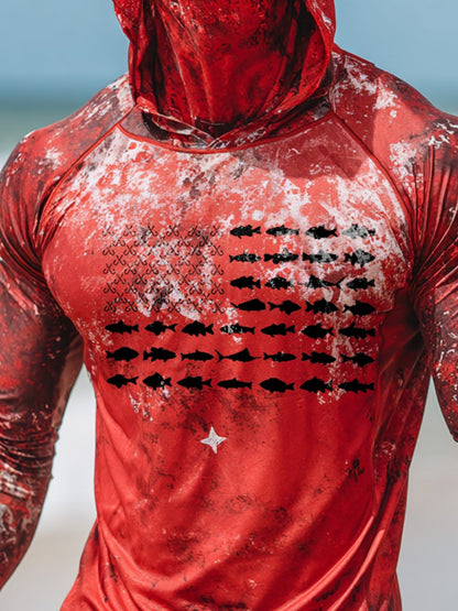 Men's Outdoor Sun Protection Breathable Cool Face Mask Hooded Printed Long-Sleeved Top