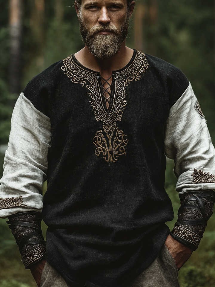 Men's Viking Occult Vintage Two-Tone Long-Sleeve Linen T-shirt