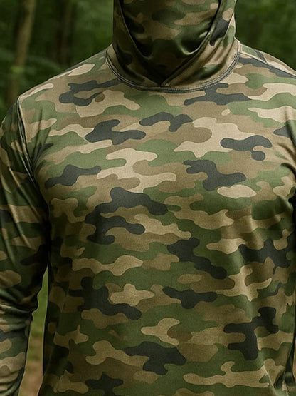 Men's Outdoor Sun Protection Breathable Cool Hunting Camouflage Mask Hooded Sun Protection Long-Sleeved Top