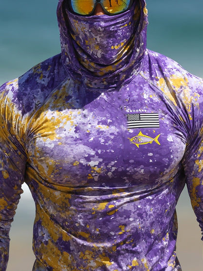 Men's Outdoor Sun Protection Breathable Cool Face Mask Hooded Printed Long-Sleeved Top