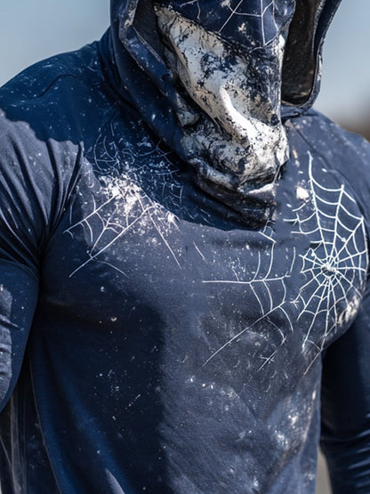 Men's Retro Blue Spider Web Print Outdoor Sun Protection Breathable Cooling Mask Hooded Sun Protection Long Sleeve Top