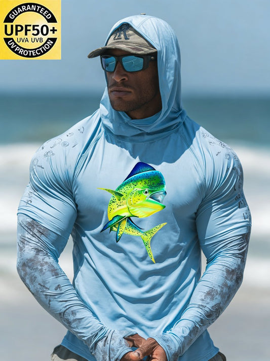 Men's Outdoor Sun Protection Breathable Cool Face Mask Hooded Printed Long-Sleeved Top