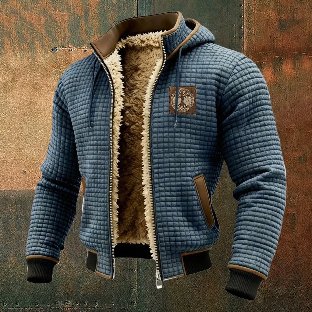 Men's Thermal Grid Jacket Viking Yggdrasill Totem Fleece Shearling & Structured Waffle Zip-Up Hoodie