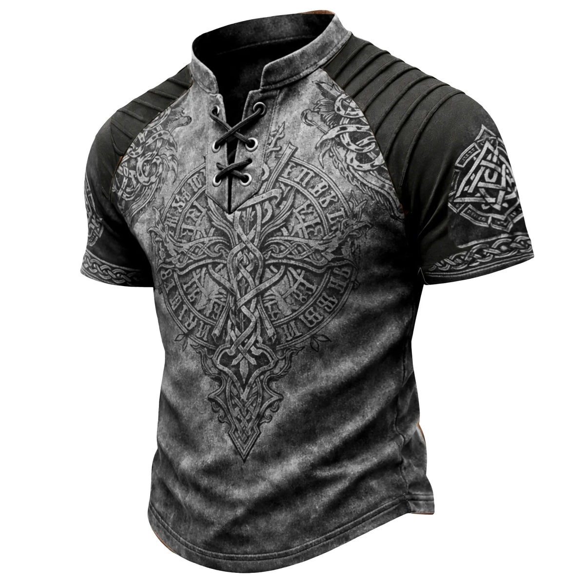 Men's Vintage Viking Celtic Knot Print T-Shirt - Lace-Up Stand Collar Distressed Short Sleeve Top
