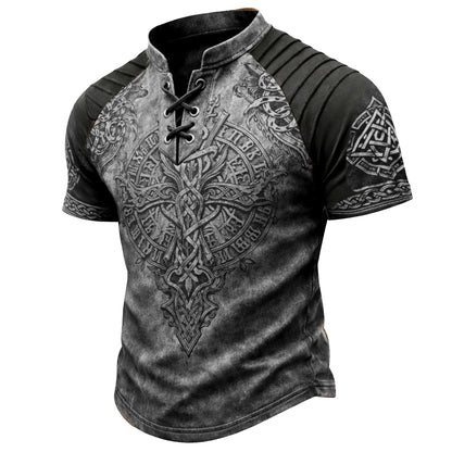 Men's Vintage Viking Celtic Knot Print T-Shirt - Lace-Up Stand Collar Distressed Short Sleeve Top