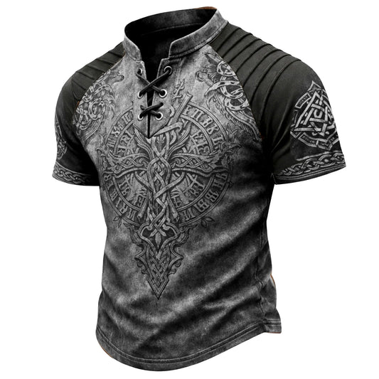 Men's Vintage Viking Celtic Knot Print T-Shirt - Lace-Up Stand Collar Distressed Short Sleeve Top
