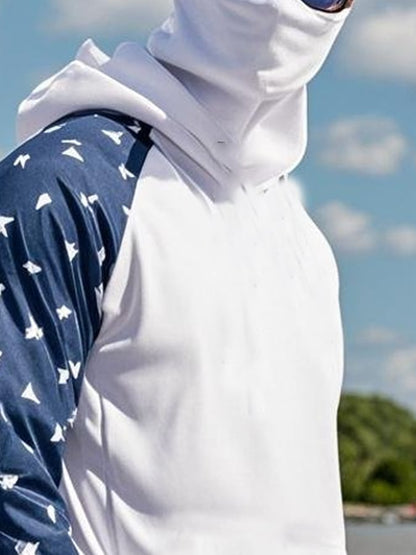 Men's Outdoor Sun Protection Breathable Cool Mask American Flag Print Hooded Sun Protection Long Sleeve Top