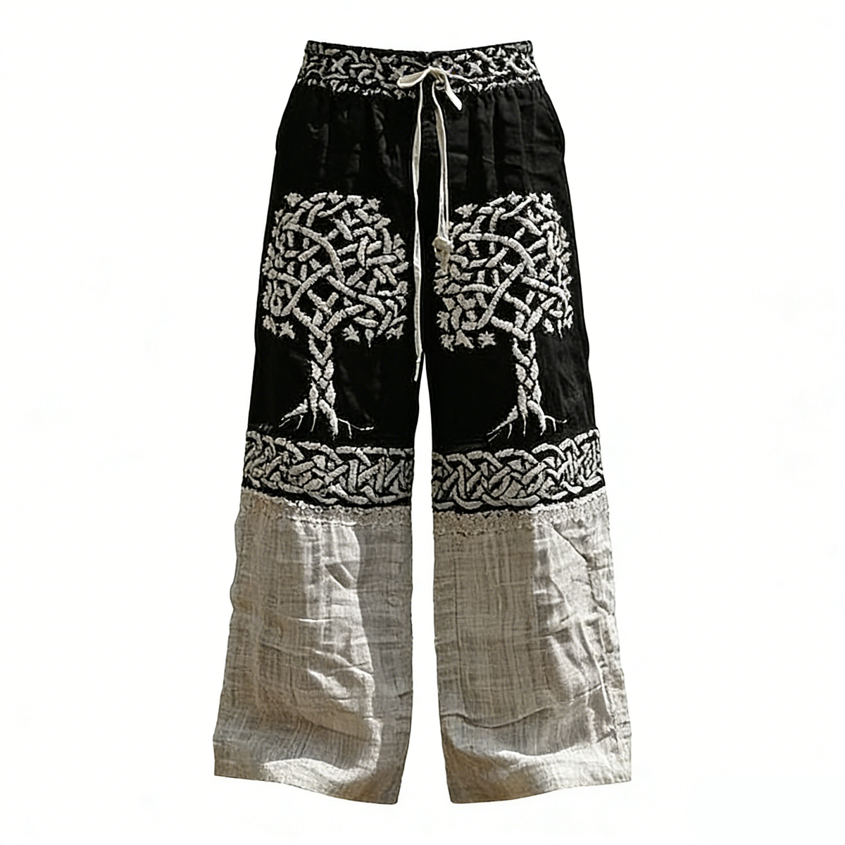Unisex Bohemian Wide Leg linen Pants - Celtic Tree of Life Black & Beige Drawstring Trousers