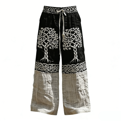 Unisex Bohemian Wide Leg linen Pants - Celtic Tree of Life Black & Beige Drawstring Trousers