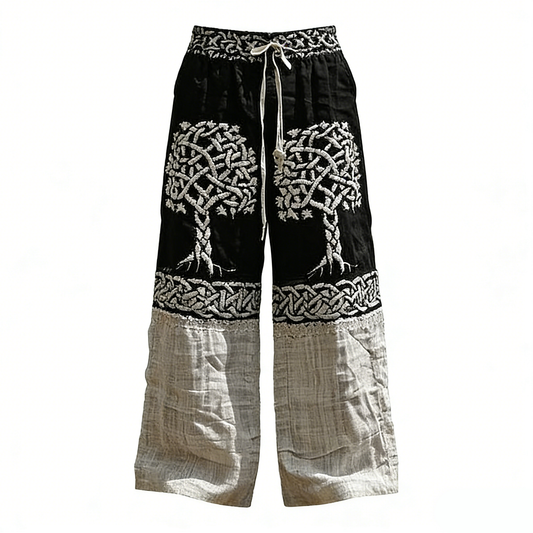 Unisex Bohemian Wide Leg linen Pants - Celtic Tree of Life Black & Beige Drawstring Trousers