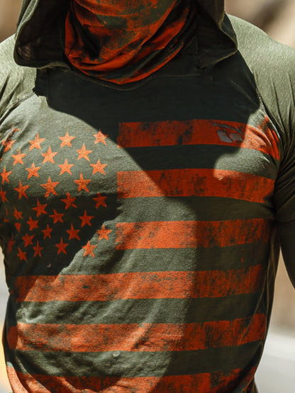 Men's Outdoor Sun-Protective Breathable and Cooling Long Sleeve Hoodie with Flag Print