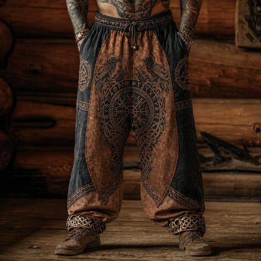 Men's Viking Raven Runic Print Harem Pants - Two-Tone Loose Fit Drawstring Joggers