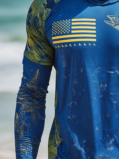 Men's Outdoor Sun Protection Breathable Cool Face Mask Hooded Printed Long-Sleeved Top