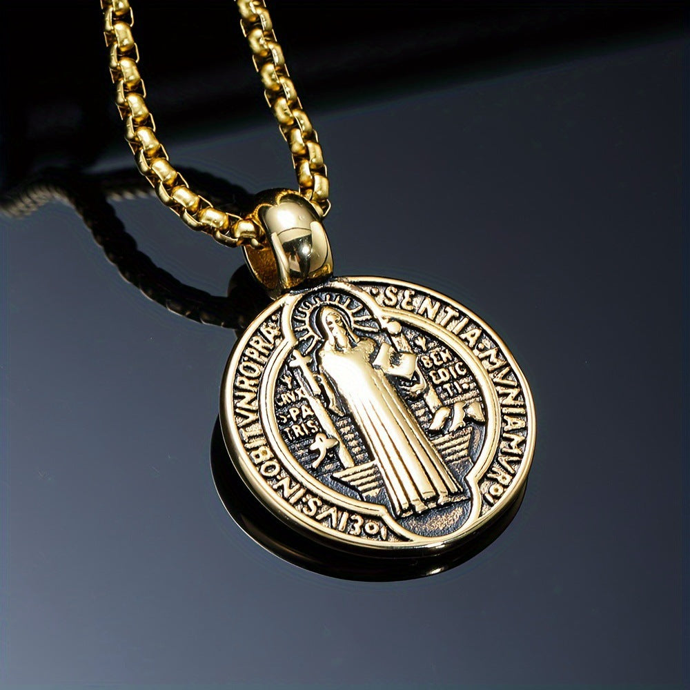 Sterling Silver Round Saint Benedict Pendant Necklace for Men