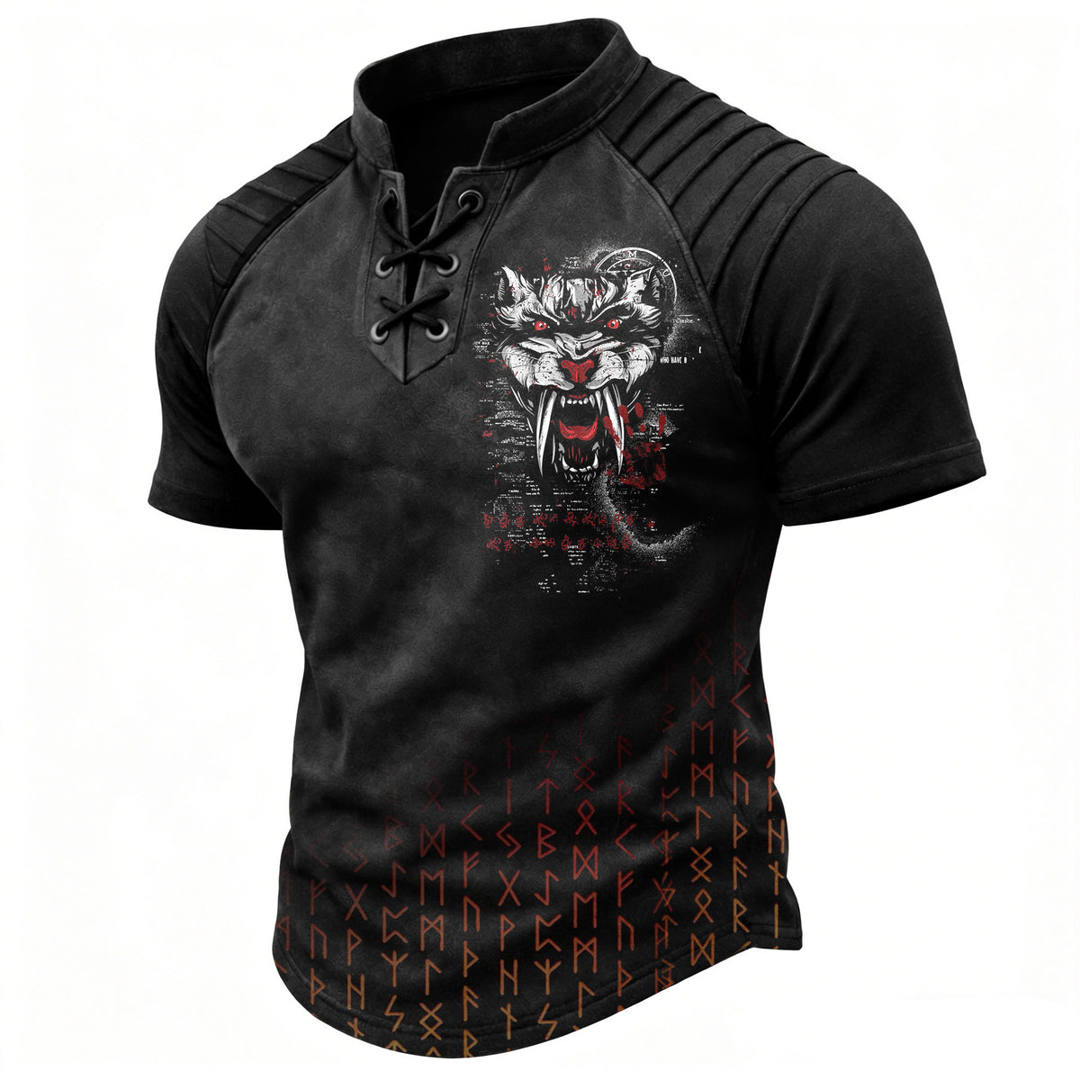 Men's Gothic Wolf & Rune Print Short Sleeve T-Shirt - Lace-Up Neck Pleated Shoulders