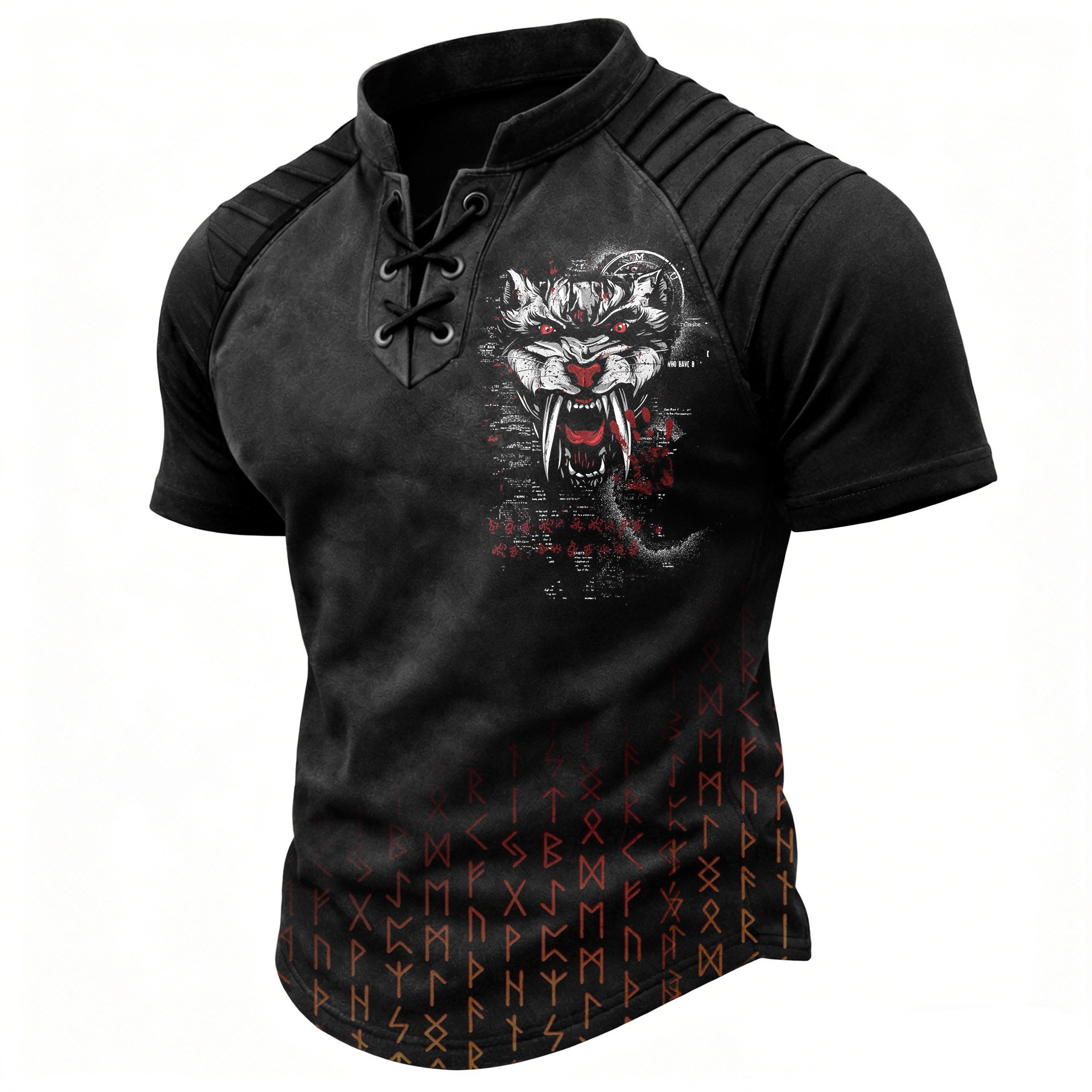 Men's Gothic Wolf & Rune Print Short Sleeve T-Shirt - Lace-Up Neck Pleated Shoulders