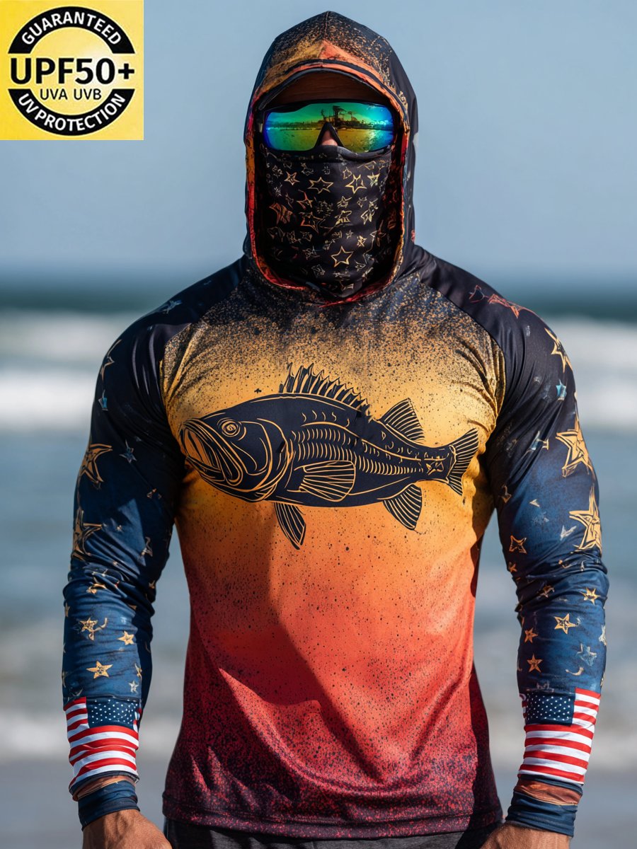 Men's Outdoor Sun Protection Breathable Cool Face Mask Hooded Printed Long-Sleeved Top