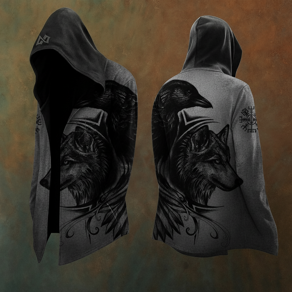 Viking Raven&Wolf Digital 3D Printed Unisex Casual Hooded Jacket