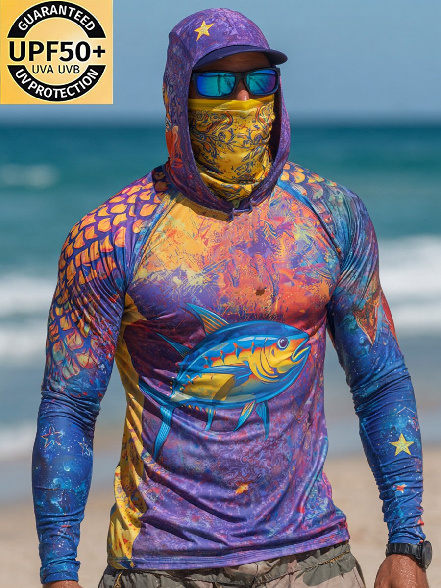 Men's Outdoor Sun Protection Breathable Cool Face Mask Hooded Printed Long-Sleeved Top
