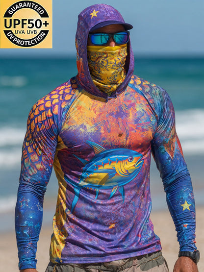 Men's Outdoor Sun Protection Breathable Cool Face Mask Hooded Printed Long-Sleeved Top