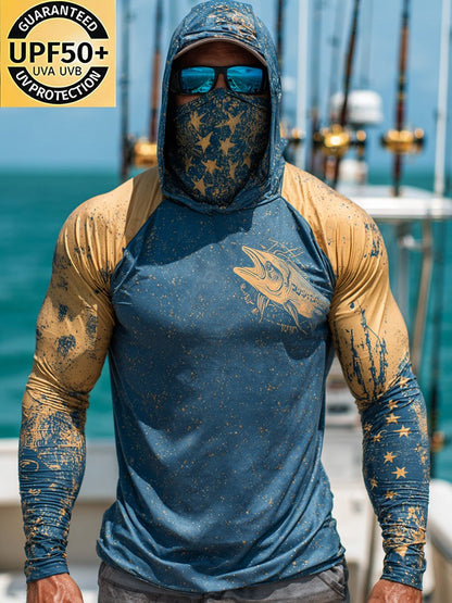 Men's Outdoor Sun Protection Breathable Cool Face Mask Hooded Printed Long-Sleeved Top