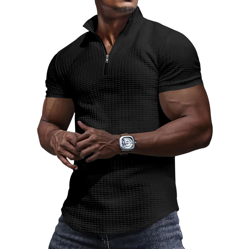Men's Checkered Half Zipper Short Sleeve Polo Shirt