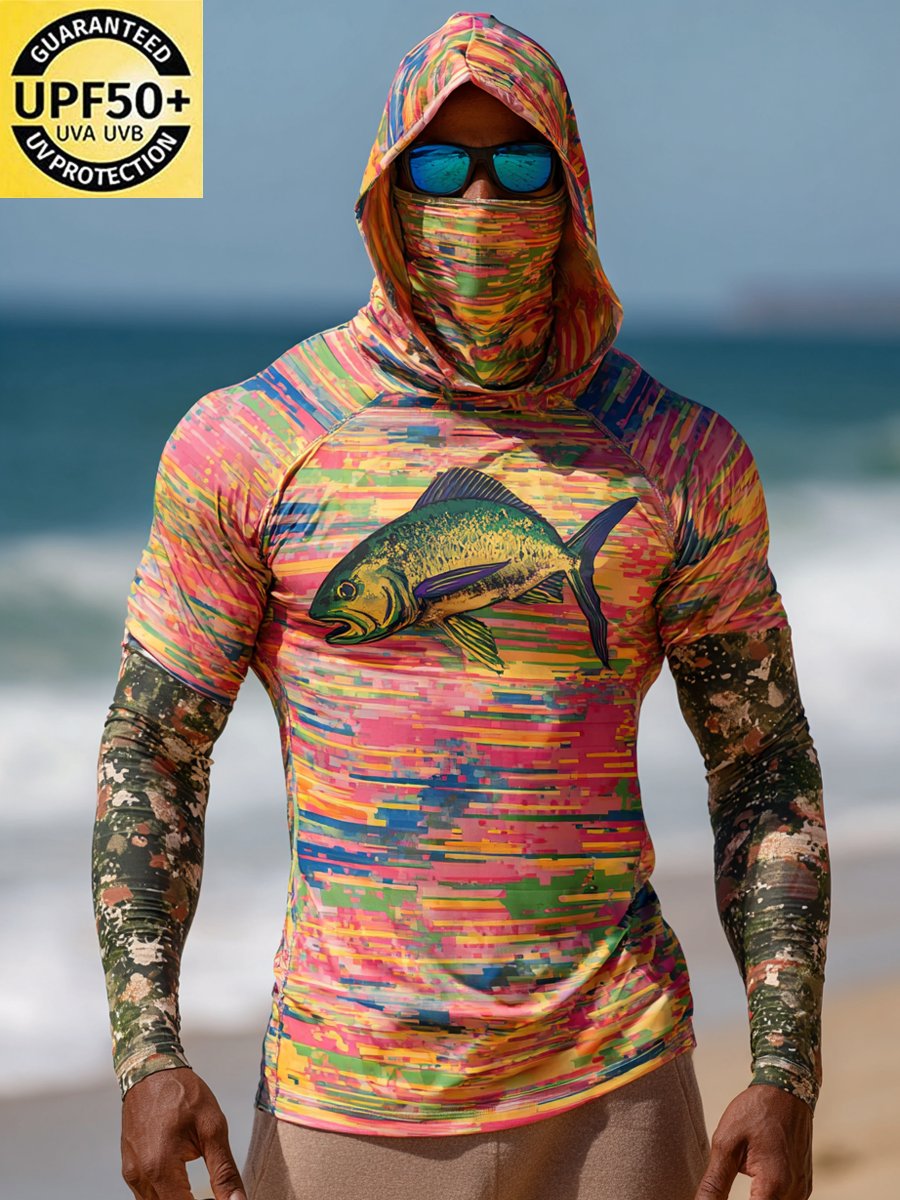 Men's Outdoor Sun Protection Breathable Cool Face Mask Hooded Printed Long-Sleeved Top