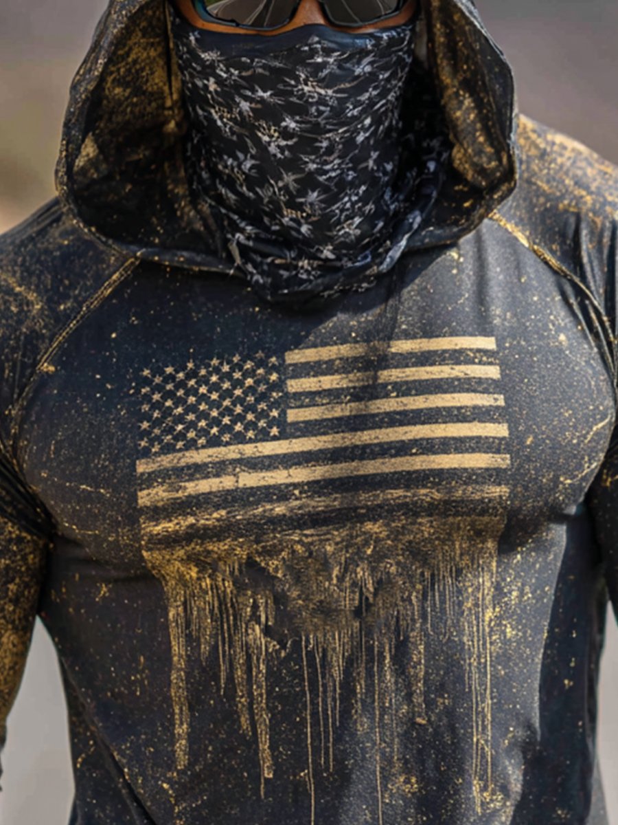 Men's Retro Flag Outdoor Sun Protection Breathable Cooling Mask Hooded Sun Protection Long Sleeve Top
